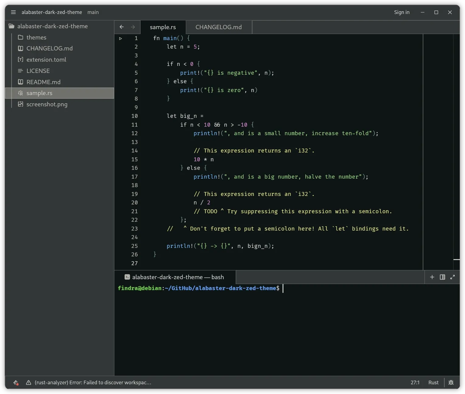 alabaster dark on zed showing rust code and terminal panel