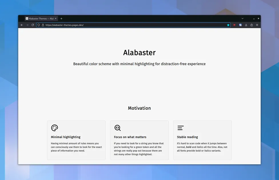 Alabaster Dark for Firefox and Alabaster for Neovim
