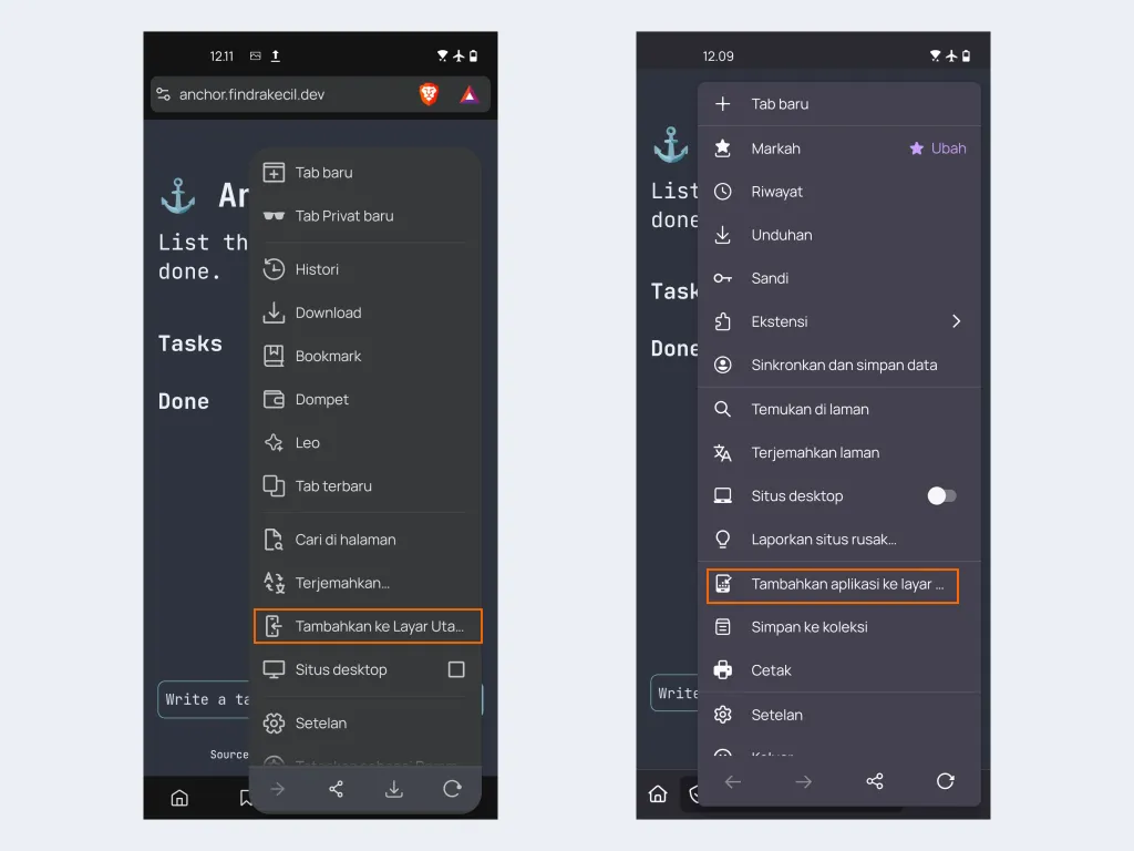 install anchor on android. brave, left and firefox, right