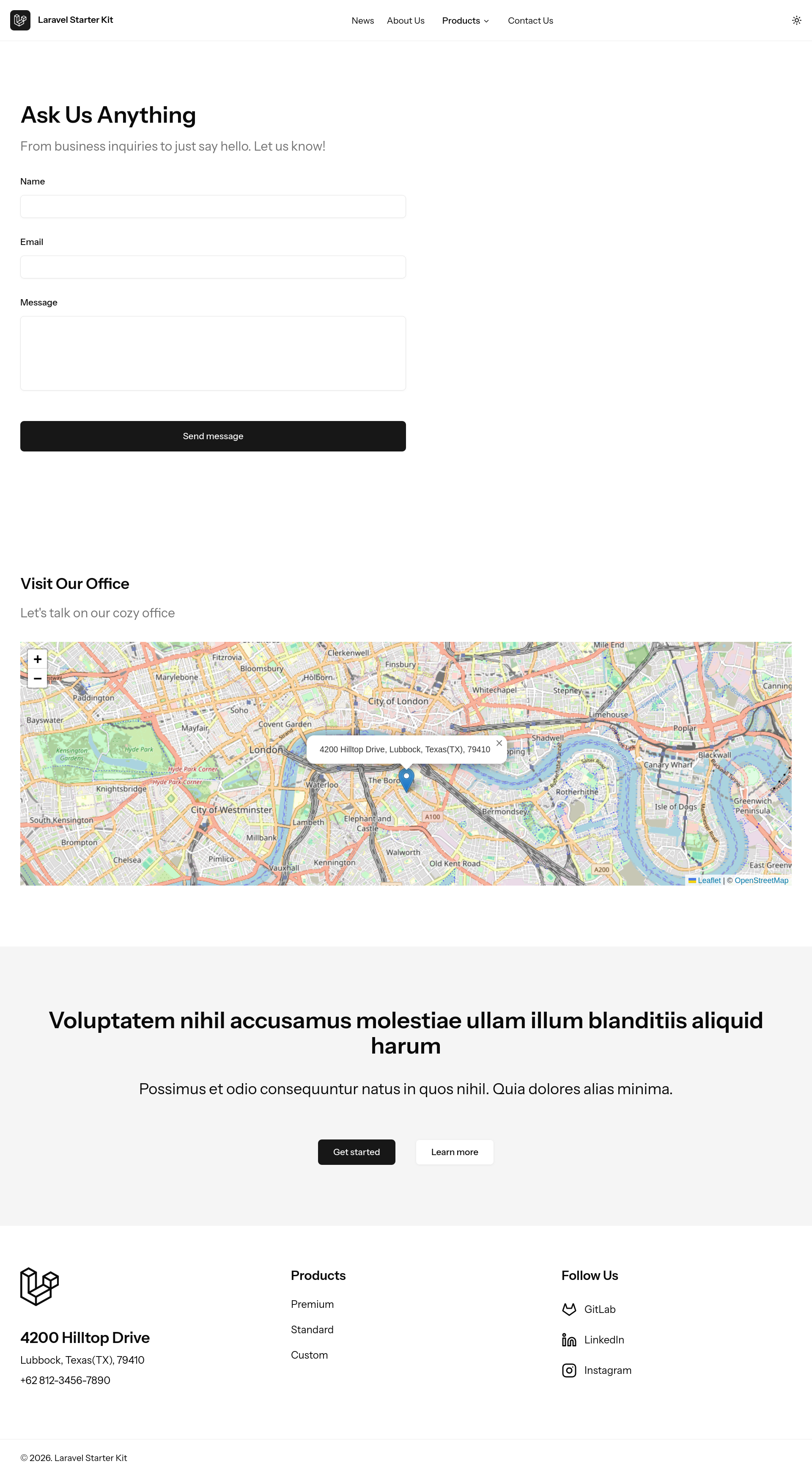 contact page showing contact form and maps of the office location