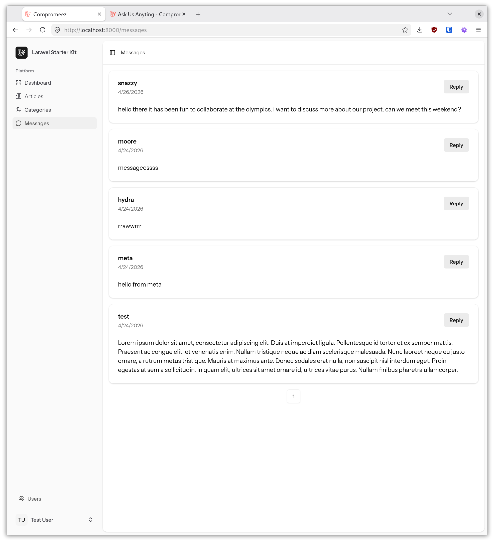 list of messages sent from contact page on admin page