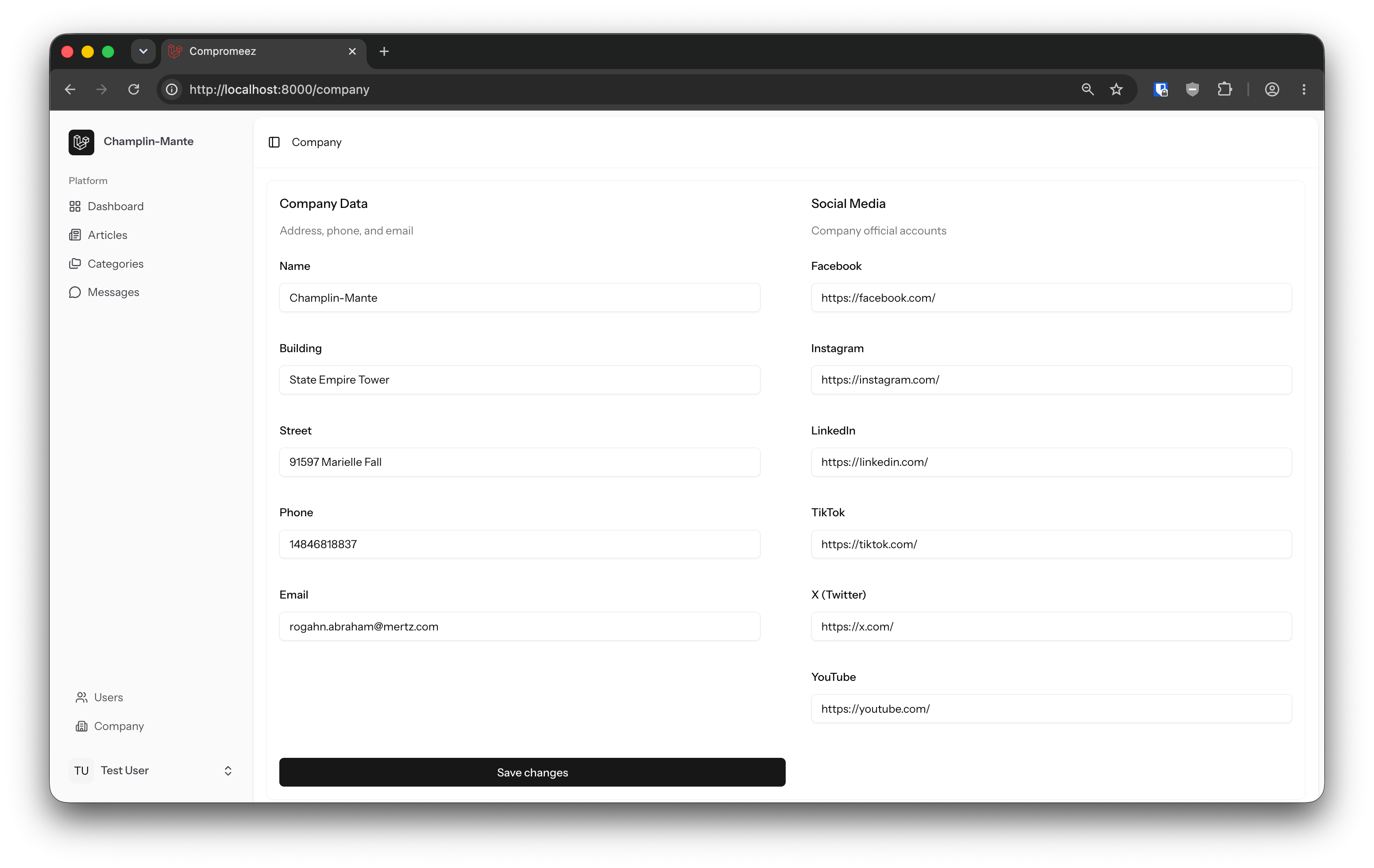 web page that display forms of company contact details