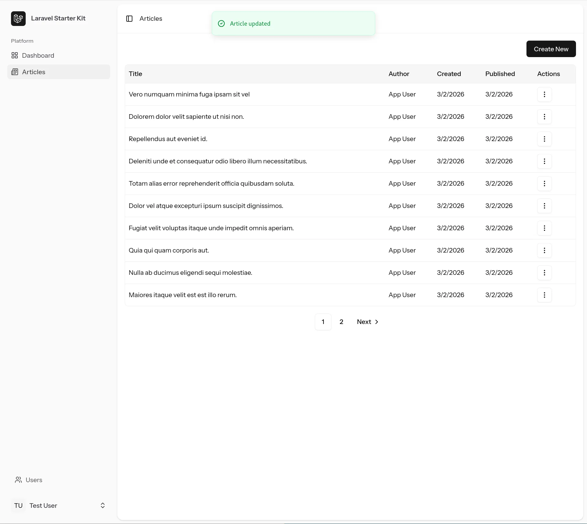 screenshot of list article page with pagination and toast notification