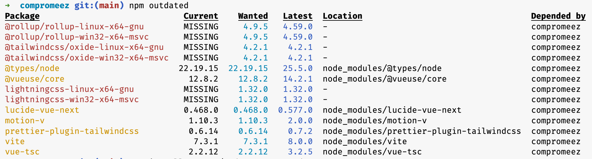 hasil dari perintah npm outdated di terminal
