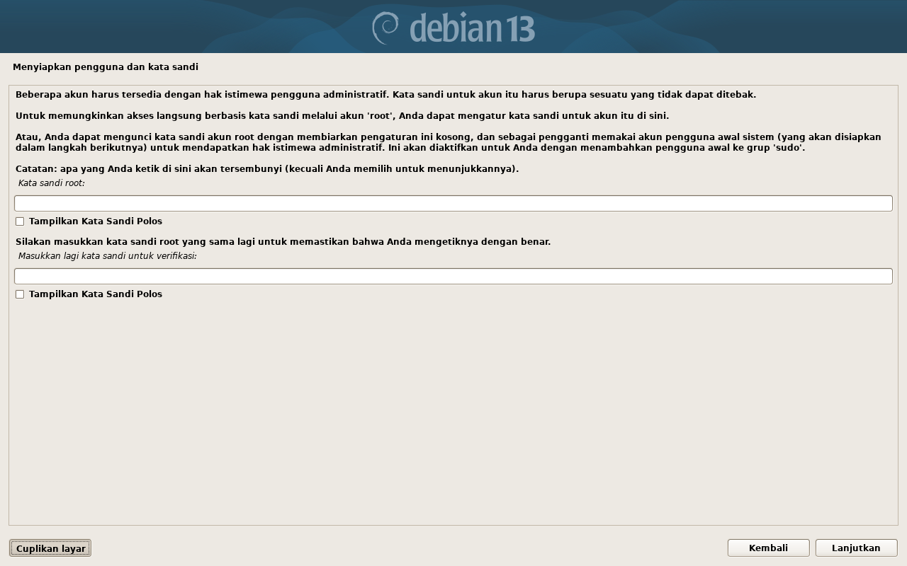 menyiapkan kata sandi untuk akun root