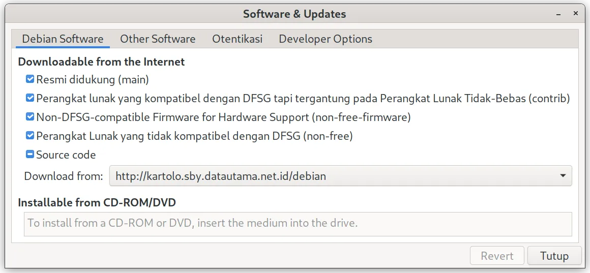 tambahkan contrib dan non-free melalui GUI