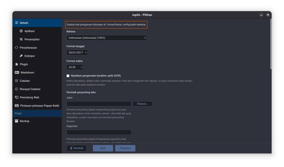 location where your operating system store joplin-desktop folder on configuration screen