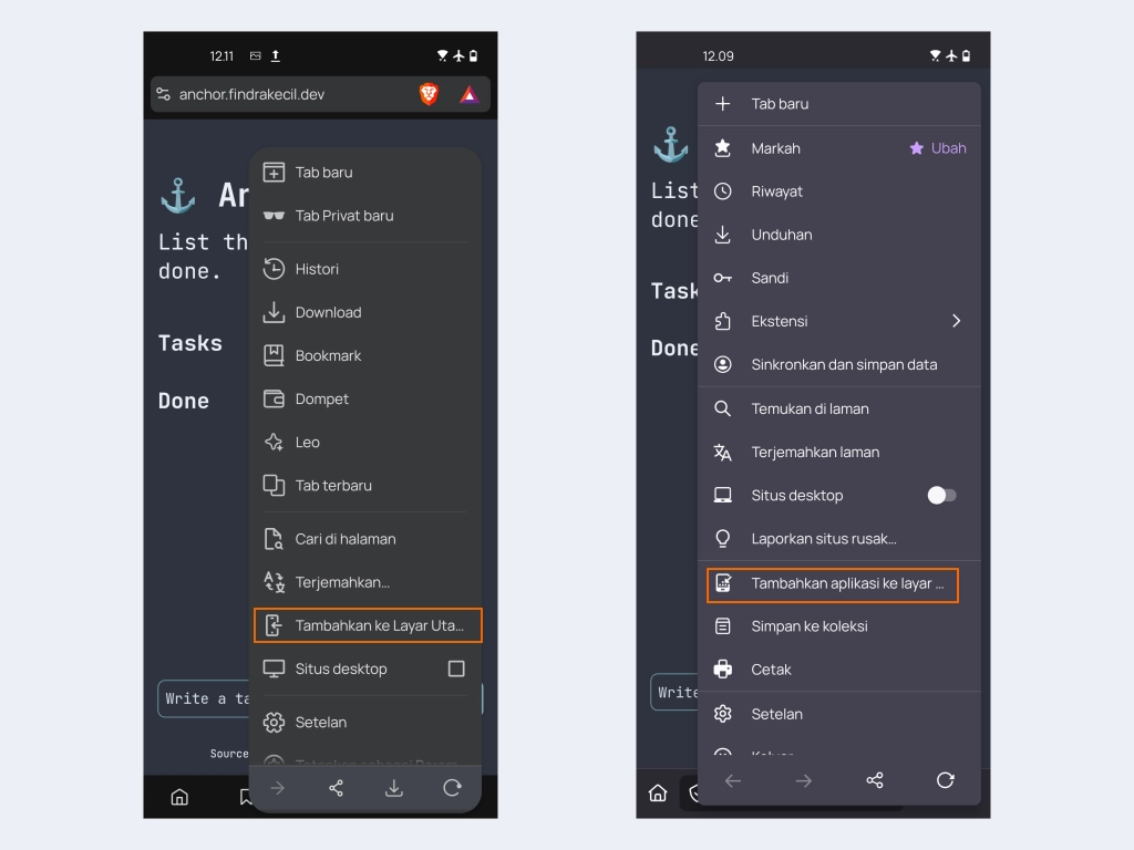 install anchor on android. brave, left and firefox, right