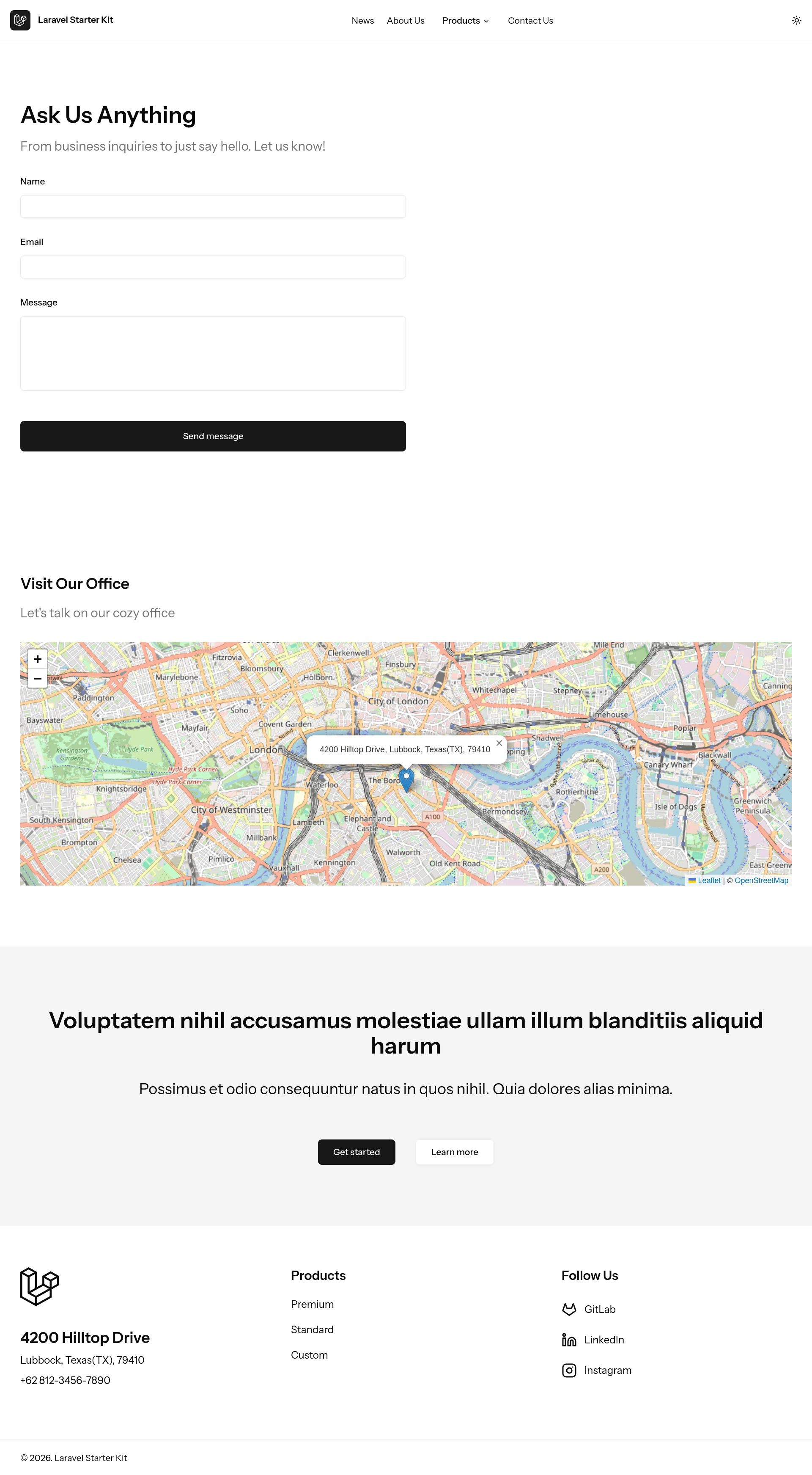contact page showing contact form and maps of the office location