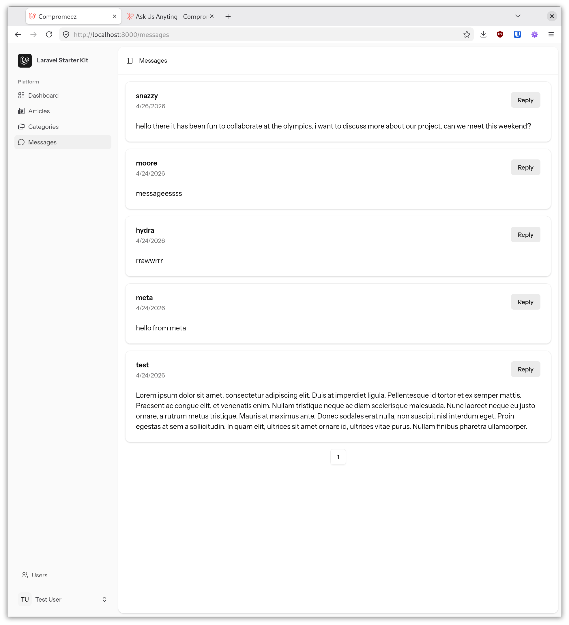 list of messages sent from contact page on admin page