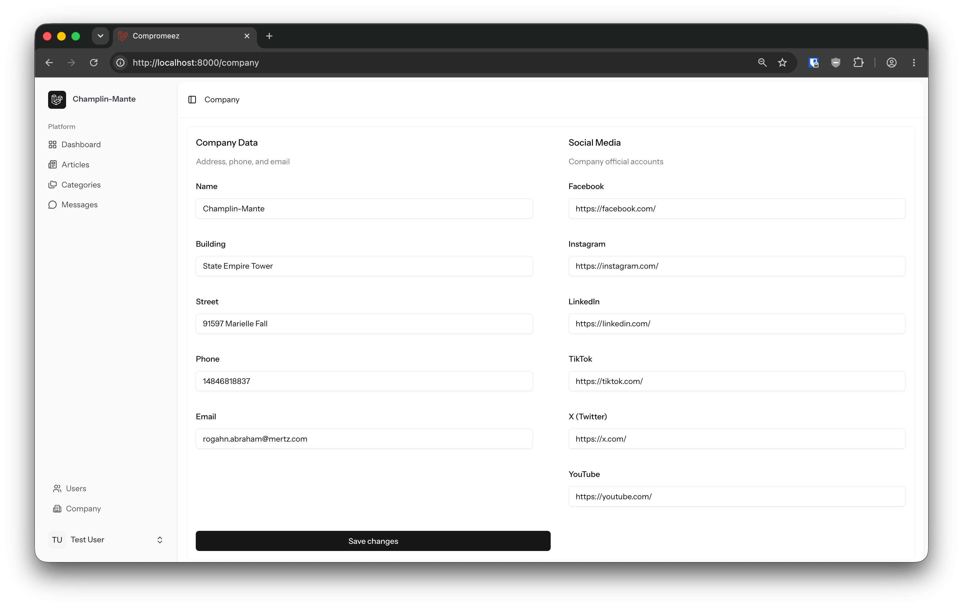 web page that display forms of company contact details