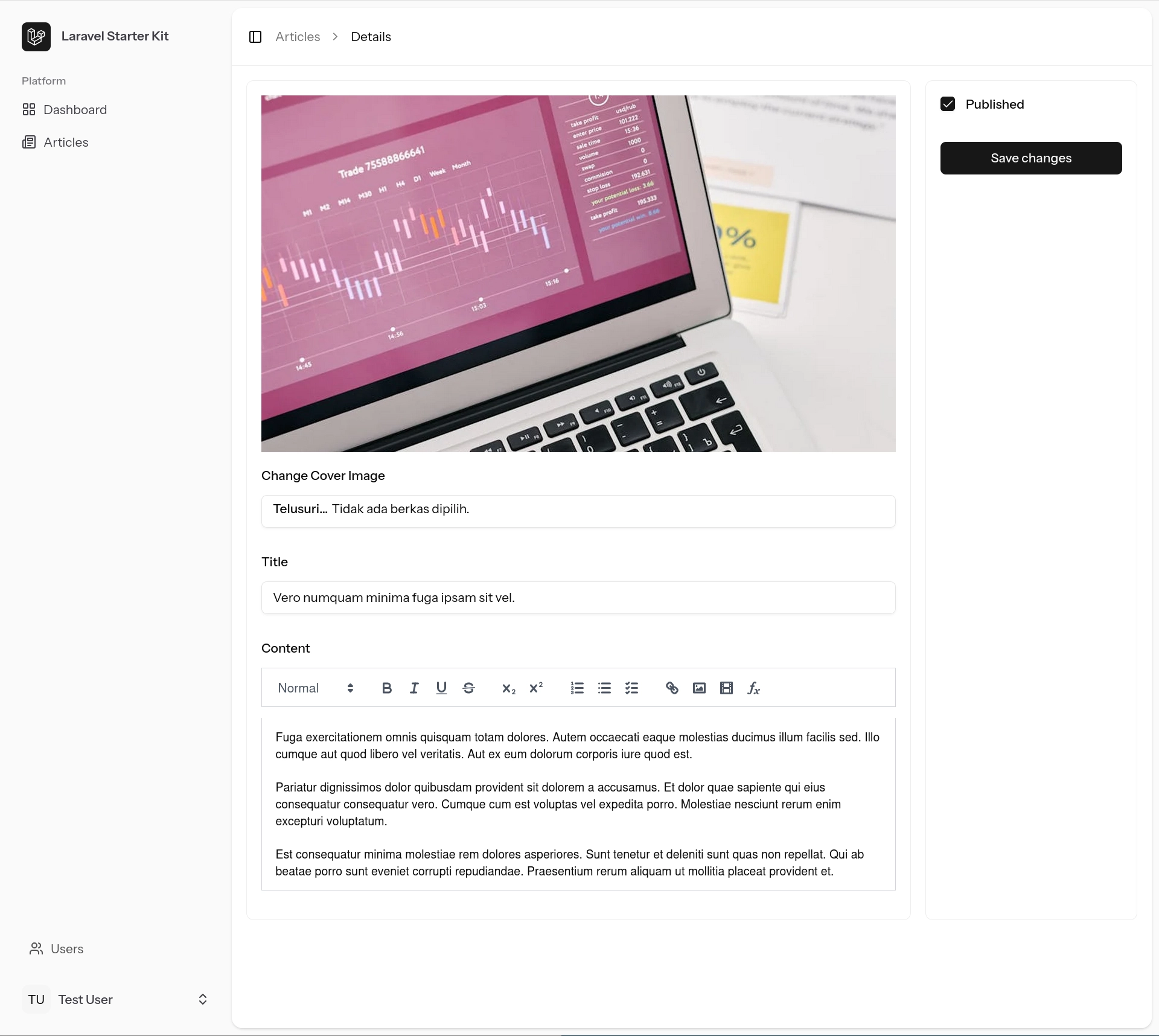 screenshot of create article page