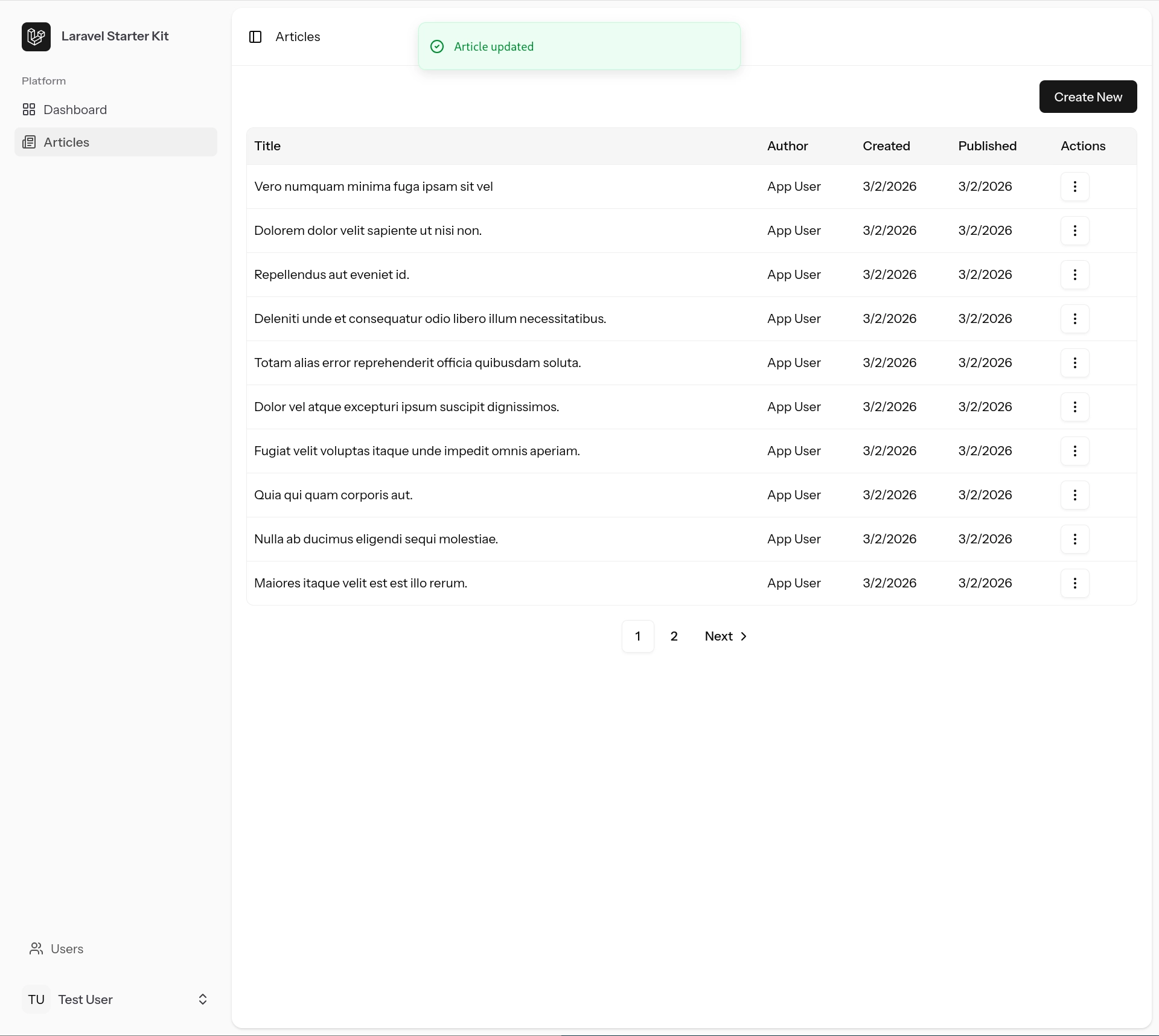 screenshot of list article page with pagination and toast notification