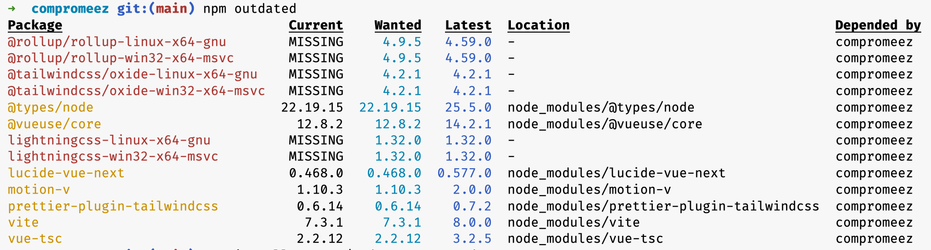 hasil dari perintah npm outdated di terminal