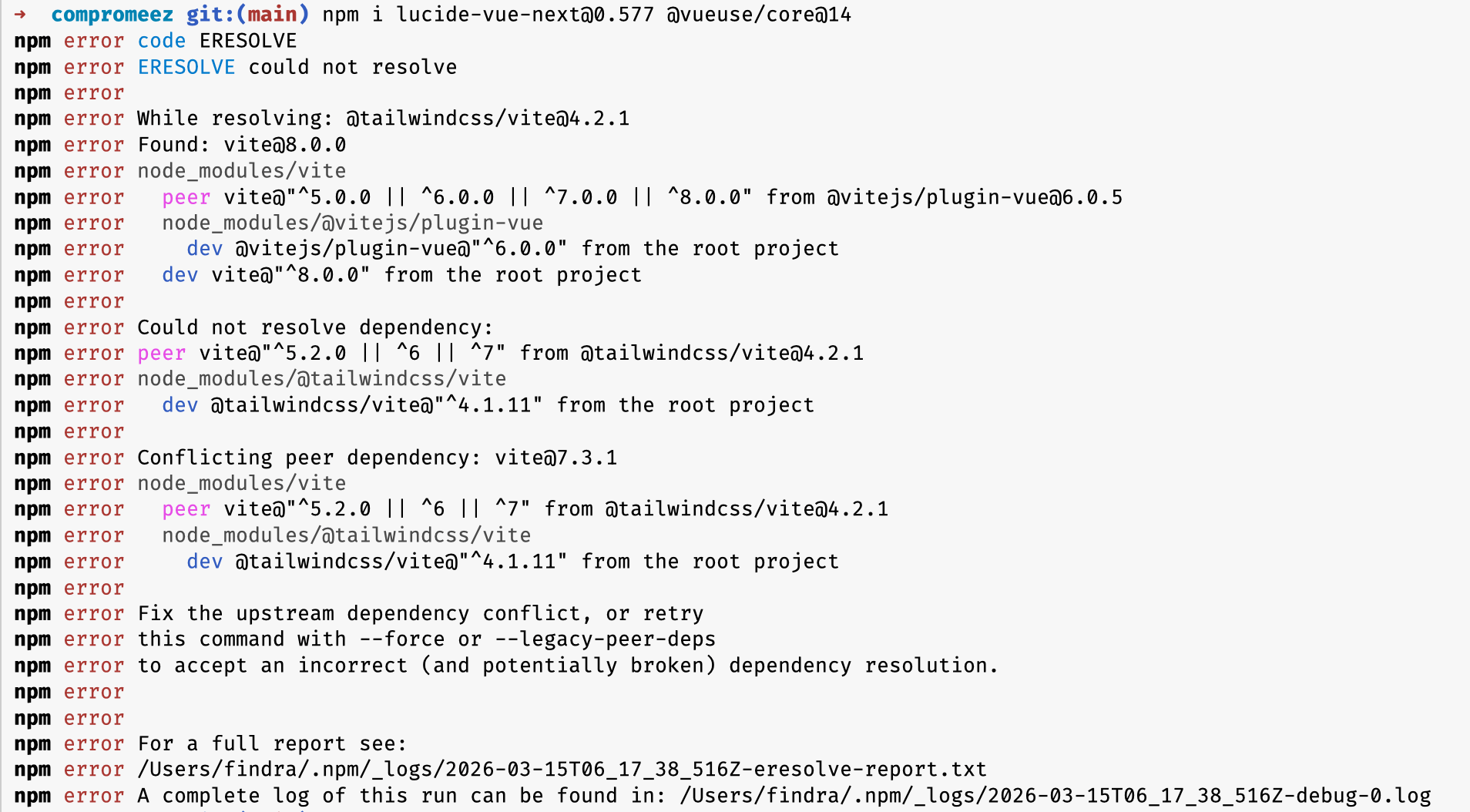 galat ketika memutakhirkan paket-paket yang bergantung pada vite