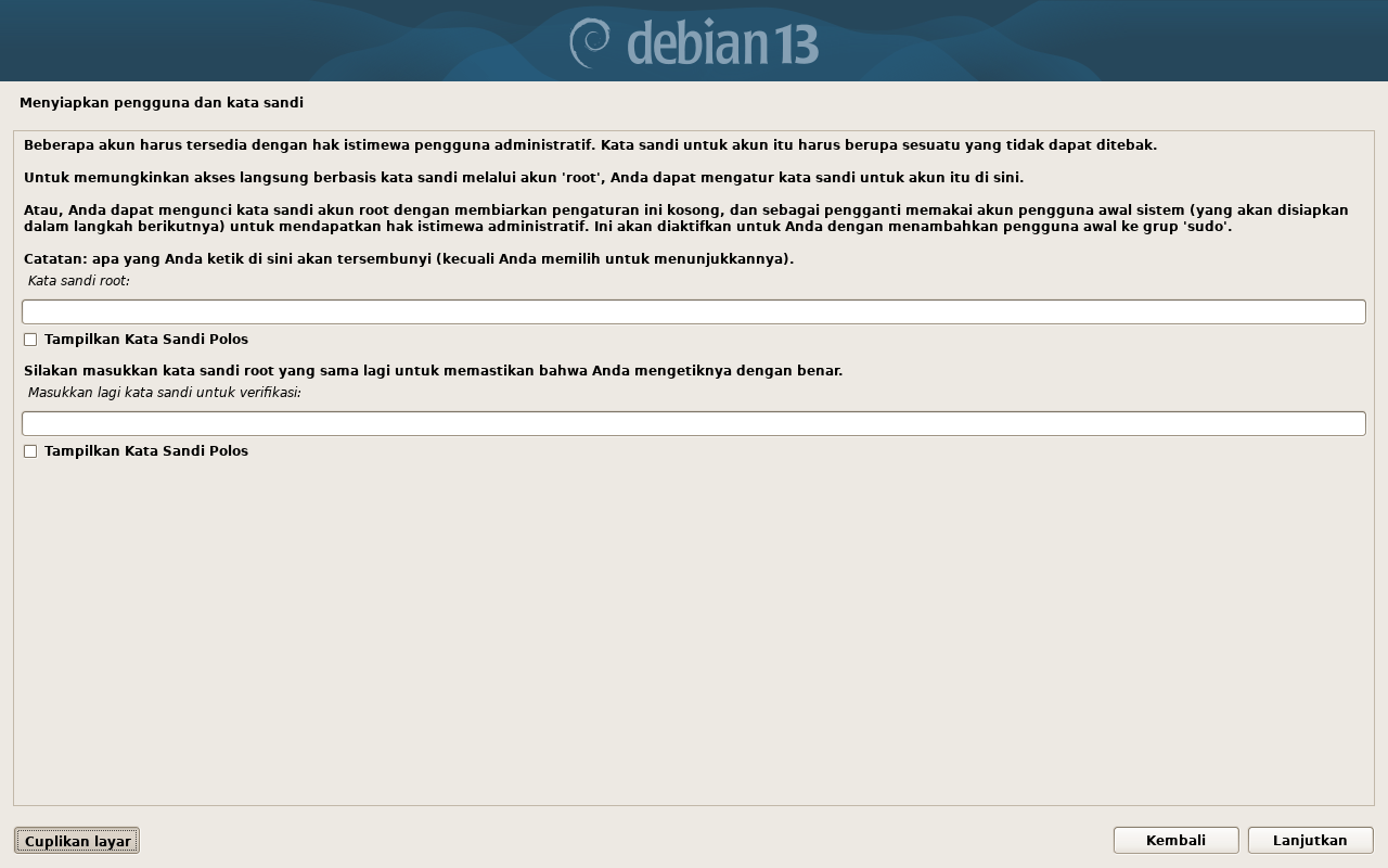 menyiapkan kata sandi untuk akun root