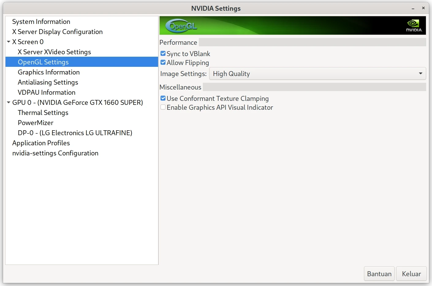 pengaturan kualitas gambar NVIDIA X Server Settings