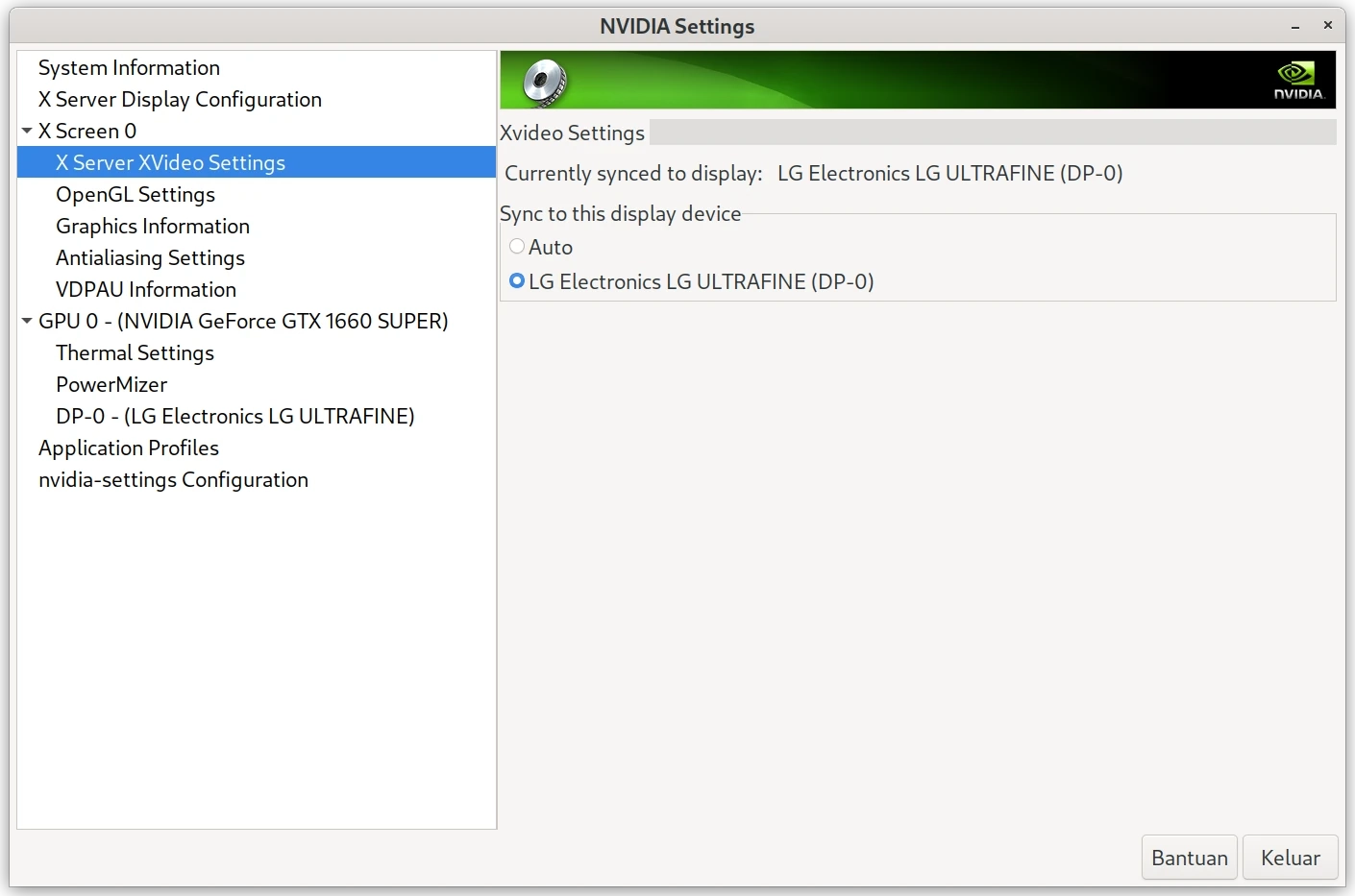 pengaturan monitor NVIDIA X Server Settings