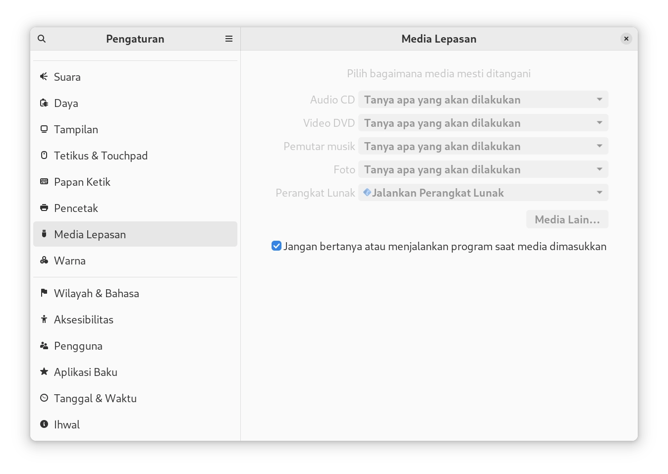 pengaturan tindakan pada media lepasan