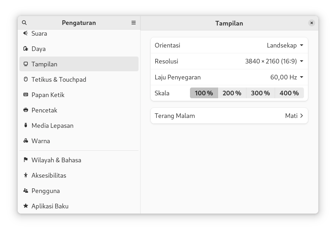 pengaturan skala pada bagian pengaturan tampilan pada aplikasi pengaturan