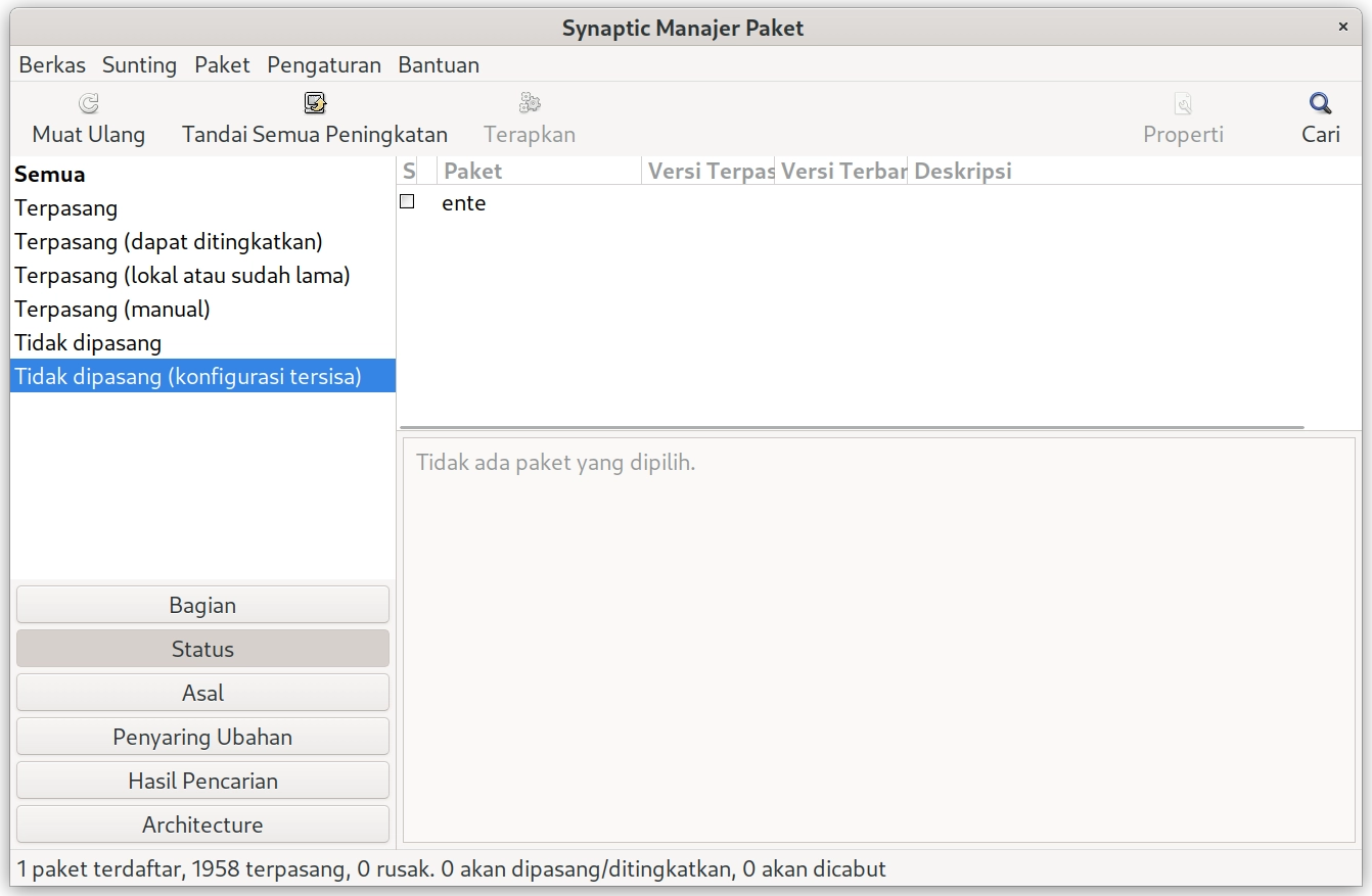 hapus pengaturan tersisa dengan pengelola paket synaptic