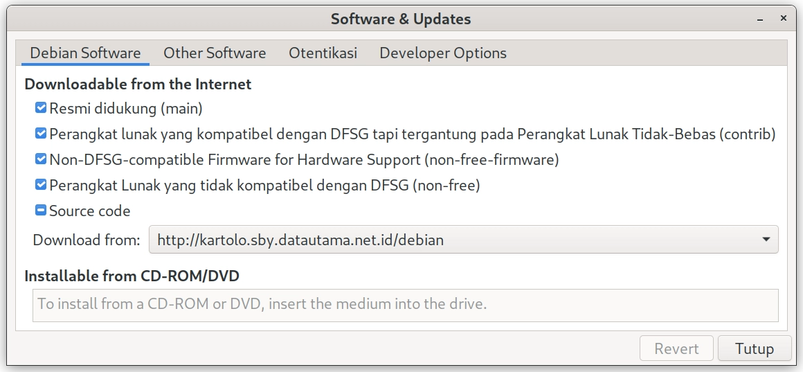 tambahkan contrib dan non-free melalui GUI