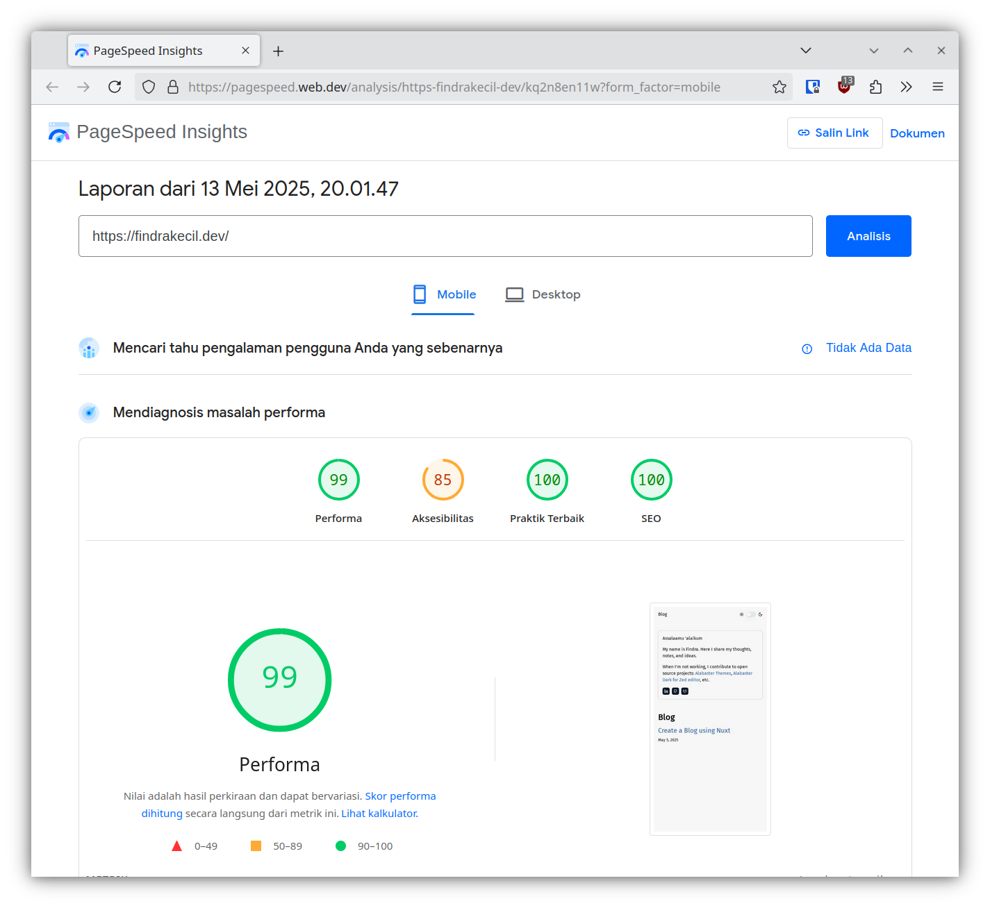 nilai pagespeed insight halaman beranda findrakecil.dev pada tampilan mobile